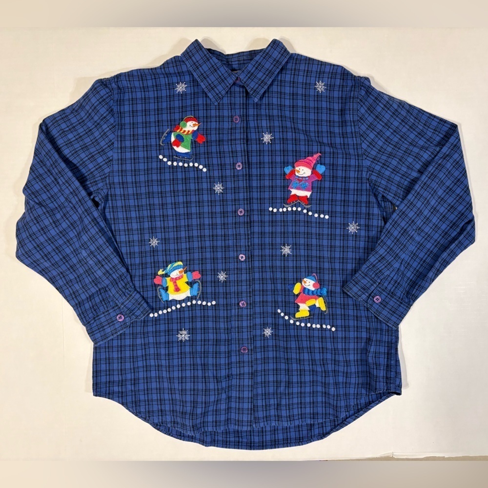 Lemon Grass blue plaid button down long sleeve Christmas Snowman blouse size L